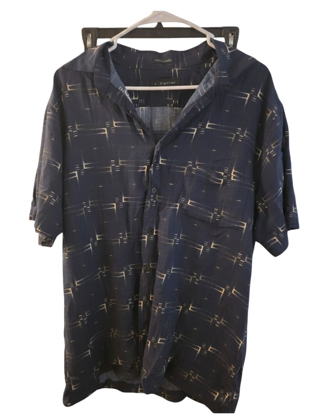 Navy Short-Sleeve Button-Down with Beige Geometric Print